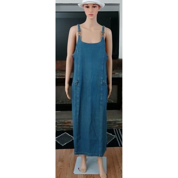 Denim Dress Maxi Size 14 Back Zipper Large Deep Pockets Cotton Casual Summer - Picture 4 of 15
